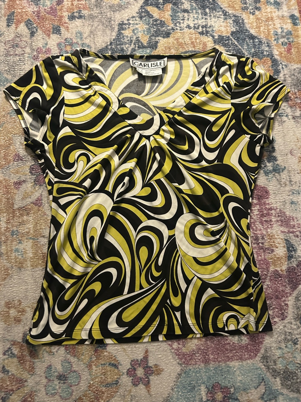 Carlisle Black, Yellow & White Swirl Print Short Sleeve Blouse